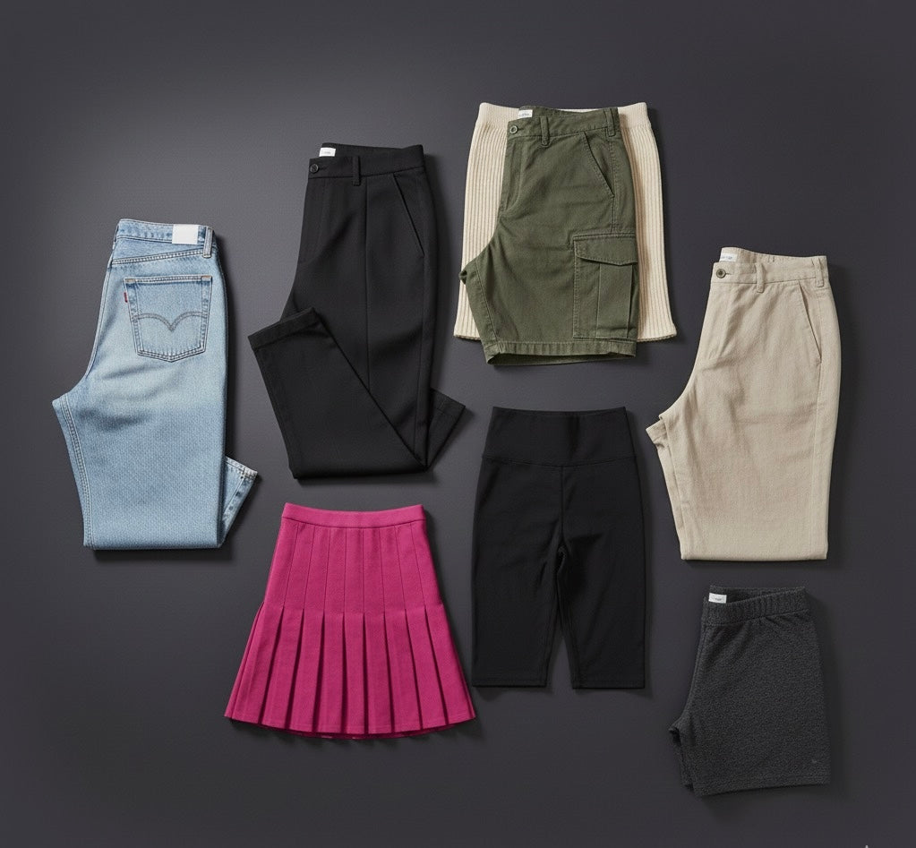Collection of folded pants, shorts, and skirts in black, green, beige, denim, and pink on a dark background
