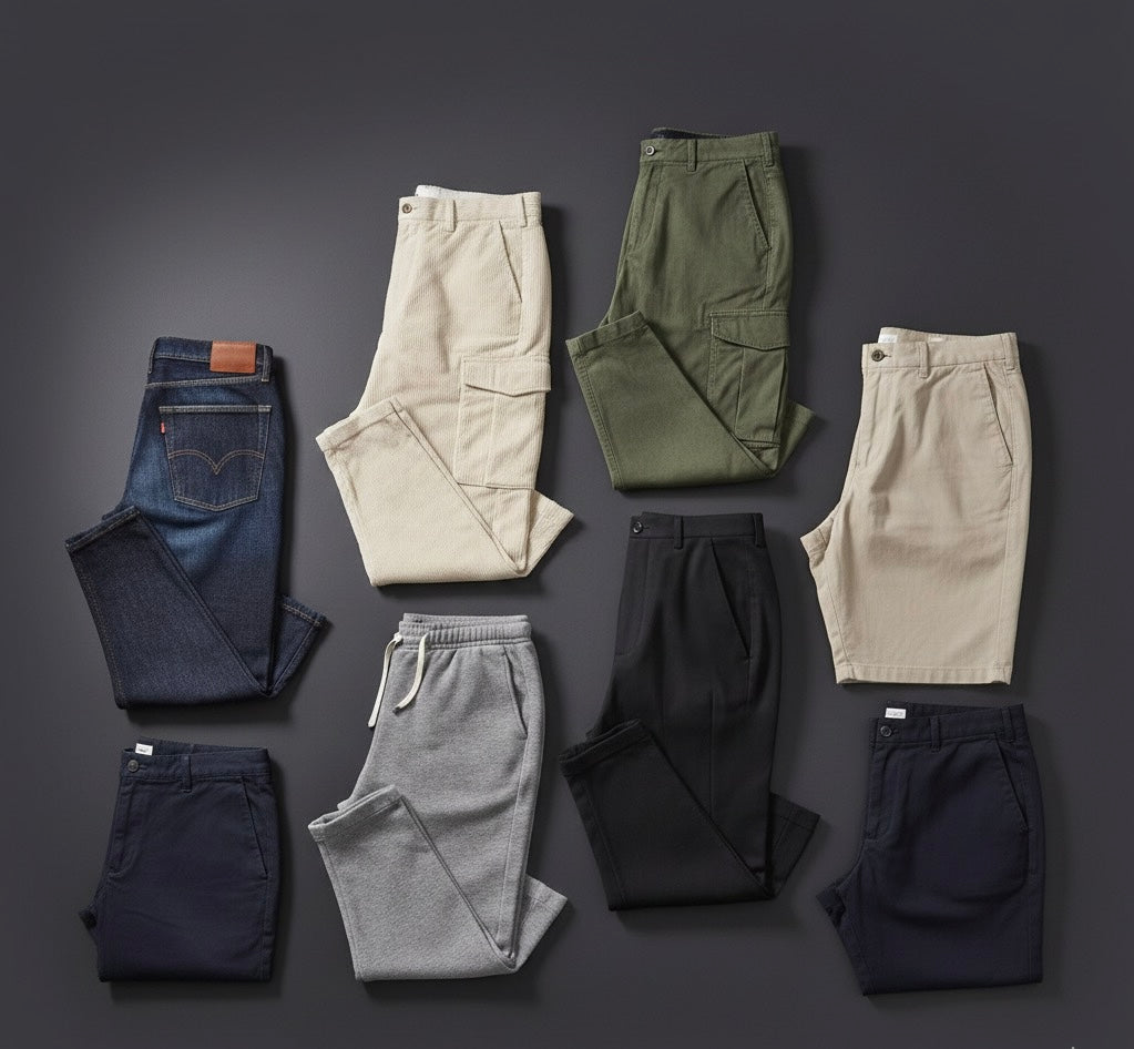 Collection of men's casual pants and shorts in various colors including jeans, cargos, joggers, and chinos