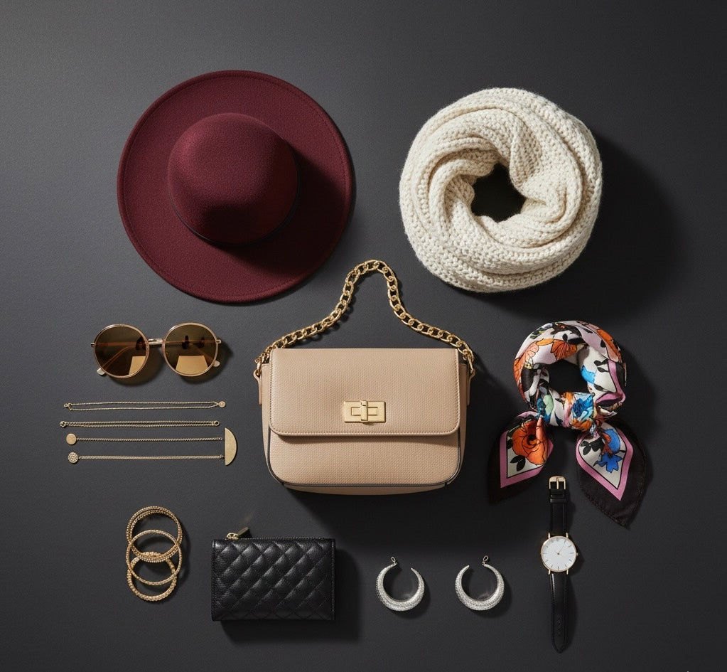 Flat lay of women's accessories including burgundy hat, cream scarf, beige handbag, sunglasses, gold jewelry, black wallet, hoop earrings, floral scarf, and wristwatch