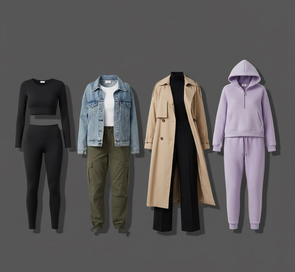 Four women's outfits displayed: black activewear set, denim jacket with cargo pants, beige trench coat with black pants, lavender hoodie with sweatpants