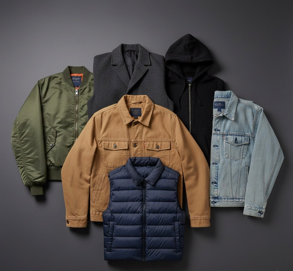 Collection of men's jackets including green bomber, gray blazer, black hoodie, tan work jacket, navy puffer vest, and denim jacket