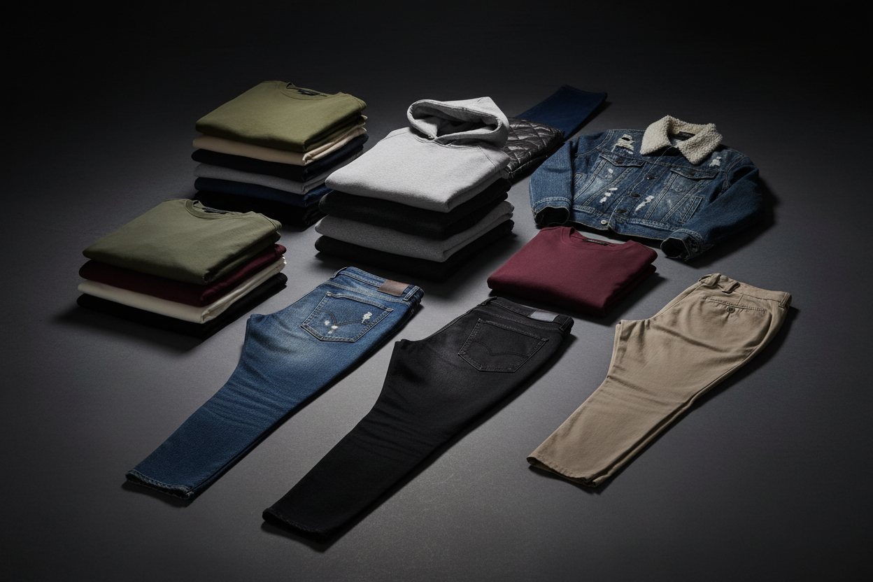 folded casual clothing including sweaters, hoodies, denim jacket and various jeans on dark background