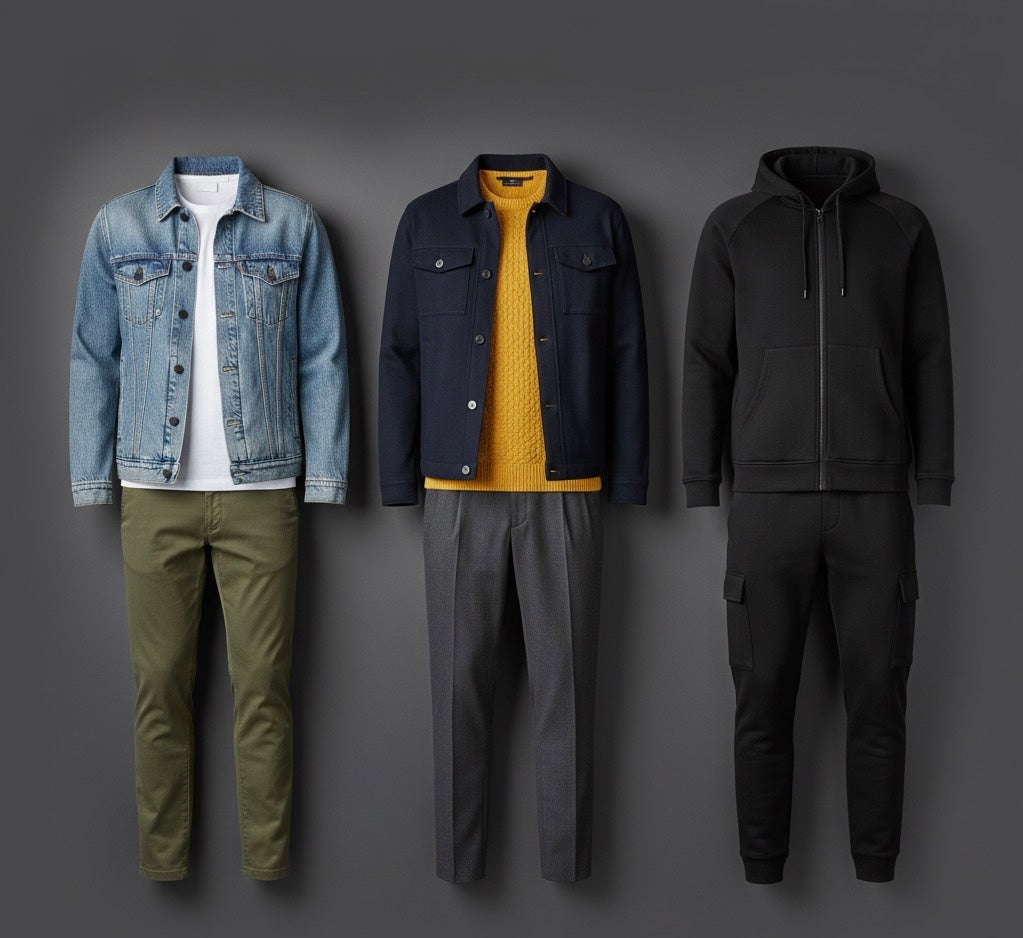 Three men's outfits on gray background: denim jacket with white tee and olive pants, navy jacket with yellow sweater and gray pants, black hoodie with matching joggers