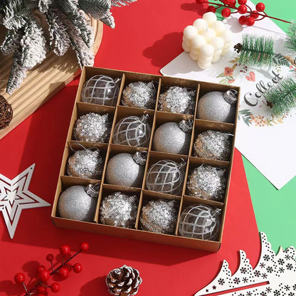 Box of silver and glitter Christmas baubles on red and green festive table with pinecones and holiday decor