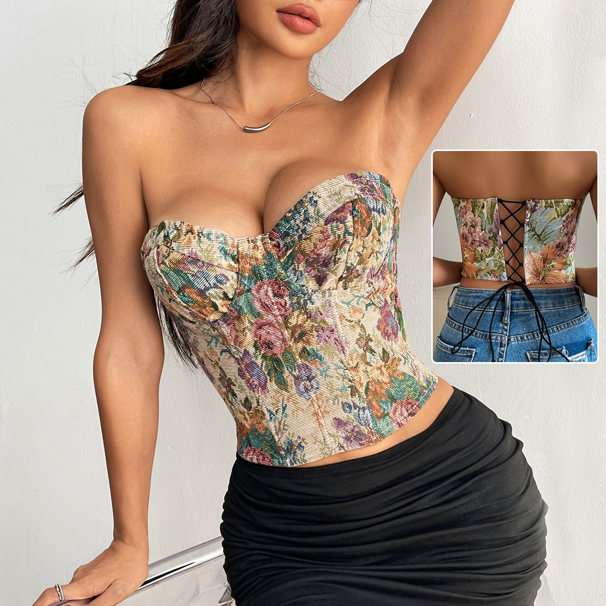 Floral Tube Vest | Y2K Fashion Crop Corset Tank With Back-Tied Design