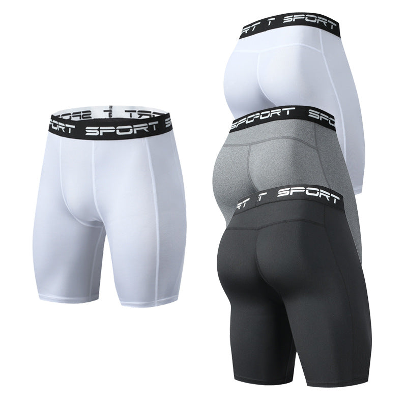 Three pairs of men's sport compression shorts in white, gray, and black with black elastic waistbands