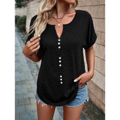 V Neck Blouse - Summer Tops With Button Design & Loose Fit Shirt