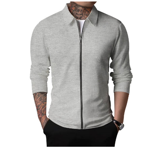 Men's Zipped Jacket Waffle Style Slim Fit Outdoor Sports Top With Lapel Collar