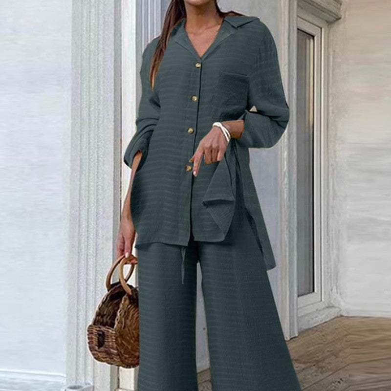 Women Casual Pants Suit - 2 Piece Nylon Fabric Set With Stylish Pocket Design