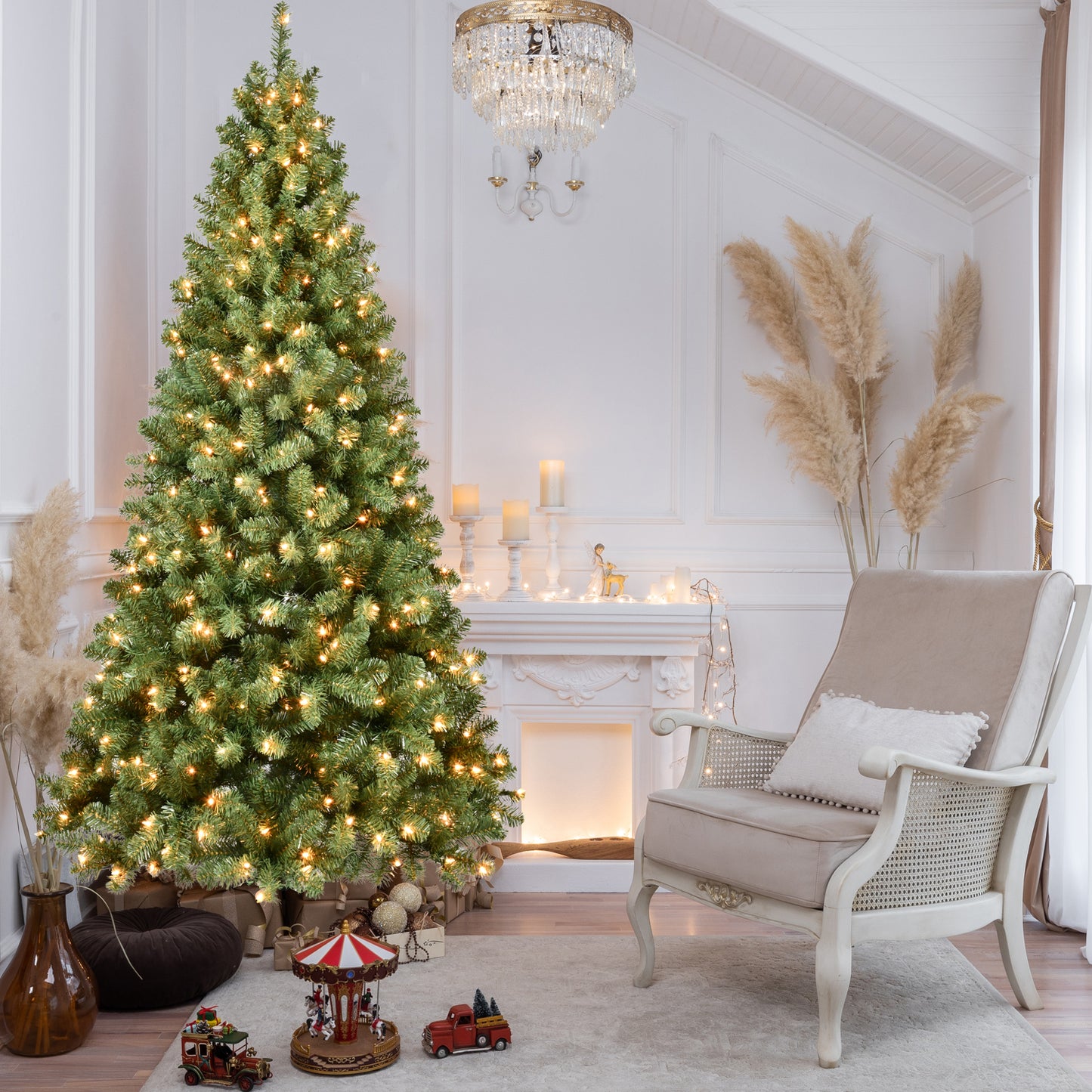 Elegant living room with lit Christmas tree, vintage toys, beige armchair, and decorative fireplace
