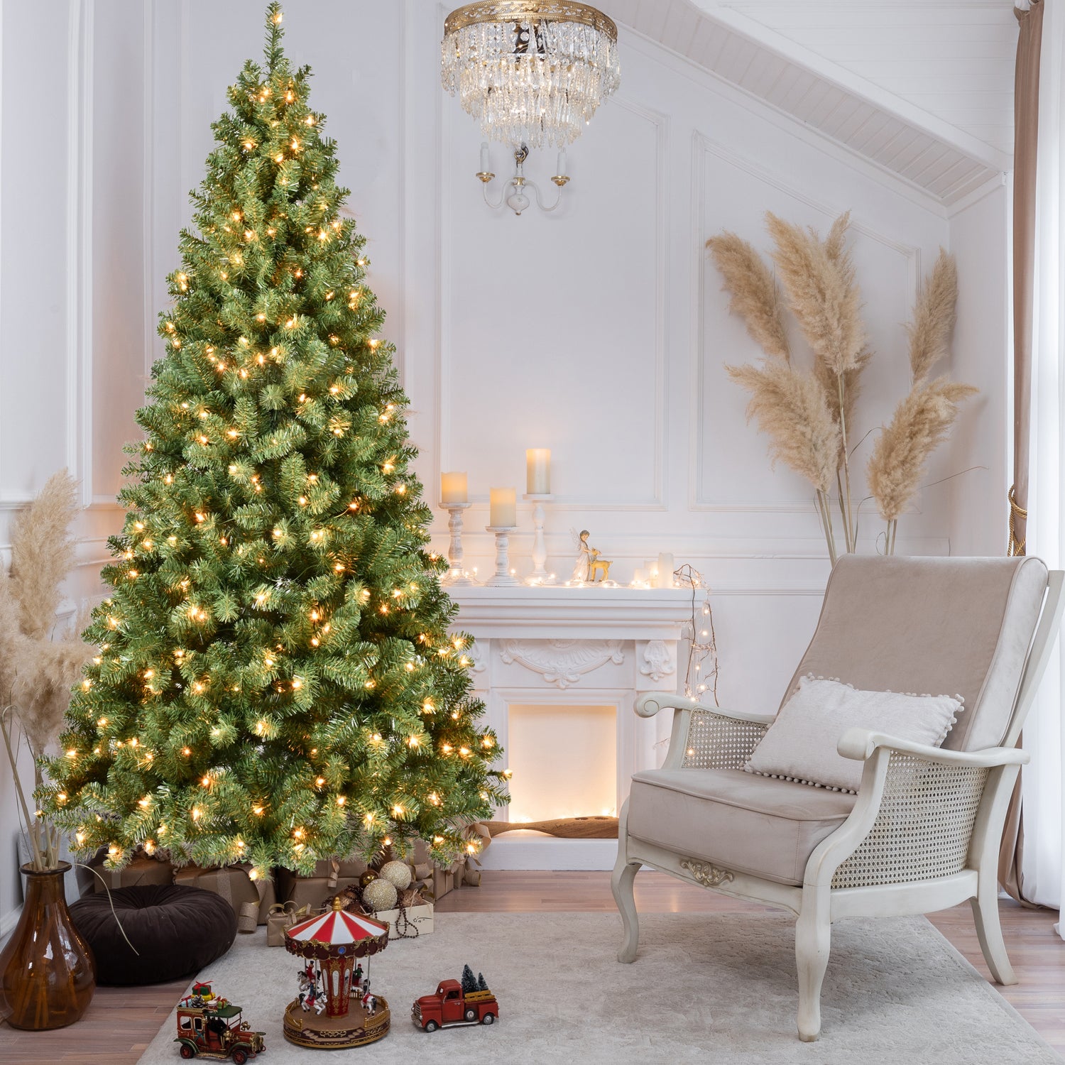 Elegant living room with lit Christmas tree, vintage toys, beige armchair, and decorative fireplace