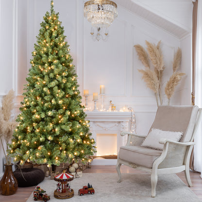 Elegant living room with lit Christmas tree, vintage toys, beige armchair, and decorative fireplace