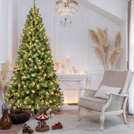 Elegant living room with lit Christmas tree, vintage toys, beige armchair, and decorative fireplace