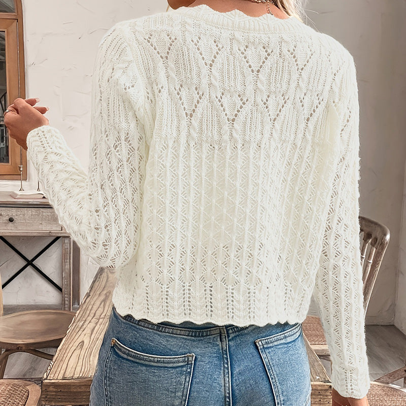 Elegant Round Neck Cardigan - Button Front Openwork Knit Top For Spring Summer