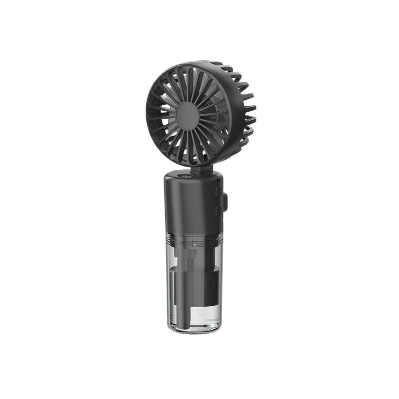 Compact black handheld portable fan with clear water tank base for misting