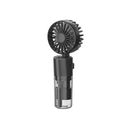 Compact black handheld portable fan with clear water tank base for misting
