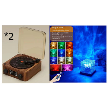 Wooden vintage-style turntable record player and RGB color changing LED night light cube with remote control