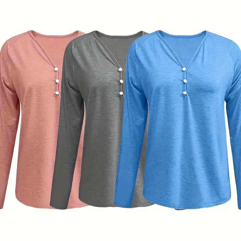 Notch V Neck Shirts - 3 Pack Long Sleeve Tees With Button Detail