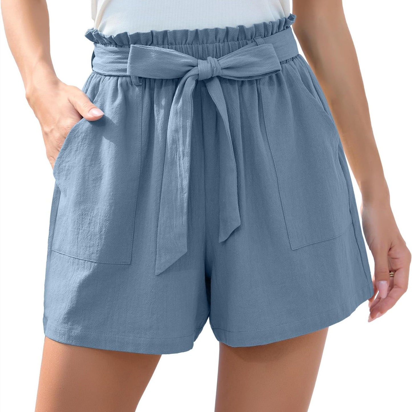 Ruffle Waist Tie Shorts - High Waist Summer Beach Pants With Pockets