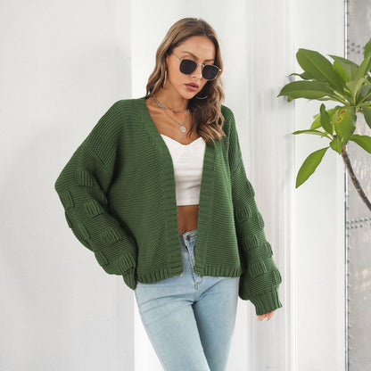 Puff Sleeve Cardigan – Chunky Knitwear Coat With Front Buttons, Oversized Sleeves