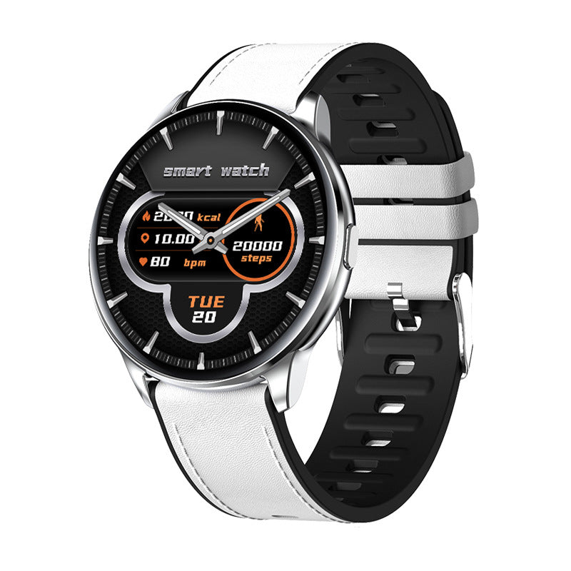 Silver smartwatch with white and black strap displaying calories, distance, heart rate, steps, and date on screen