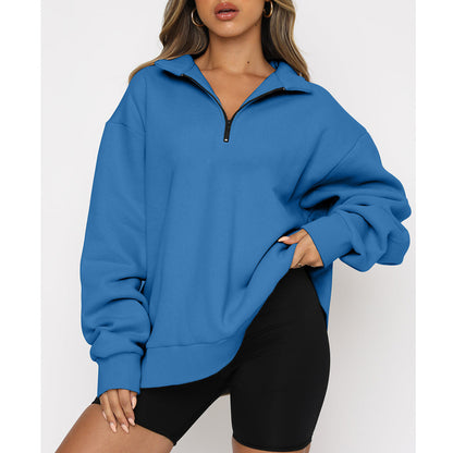 Women Zip Sweatshirt - Loose Pullover With Turndown Collar | Casual Tops