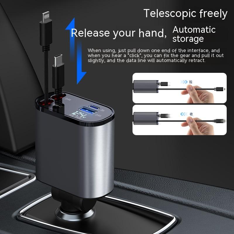 Telescopic USB car charger adapter with automatic retractable cables and digital display in vehicle