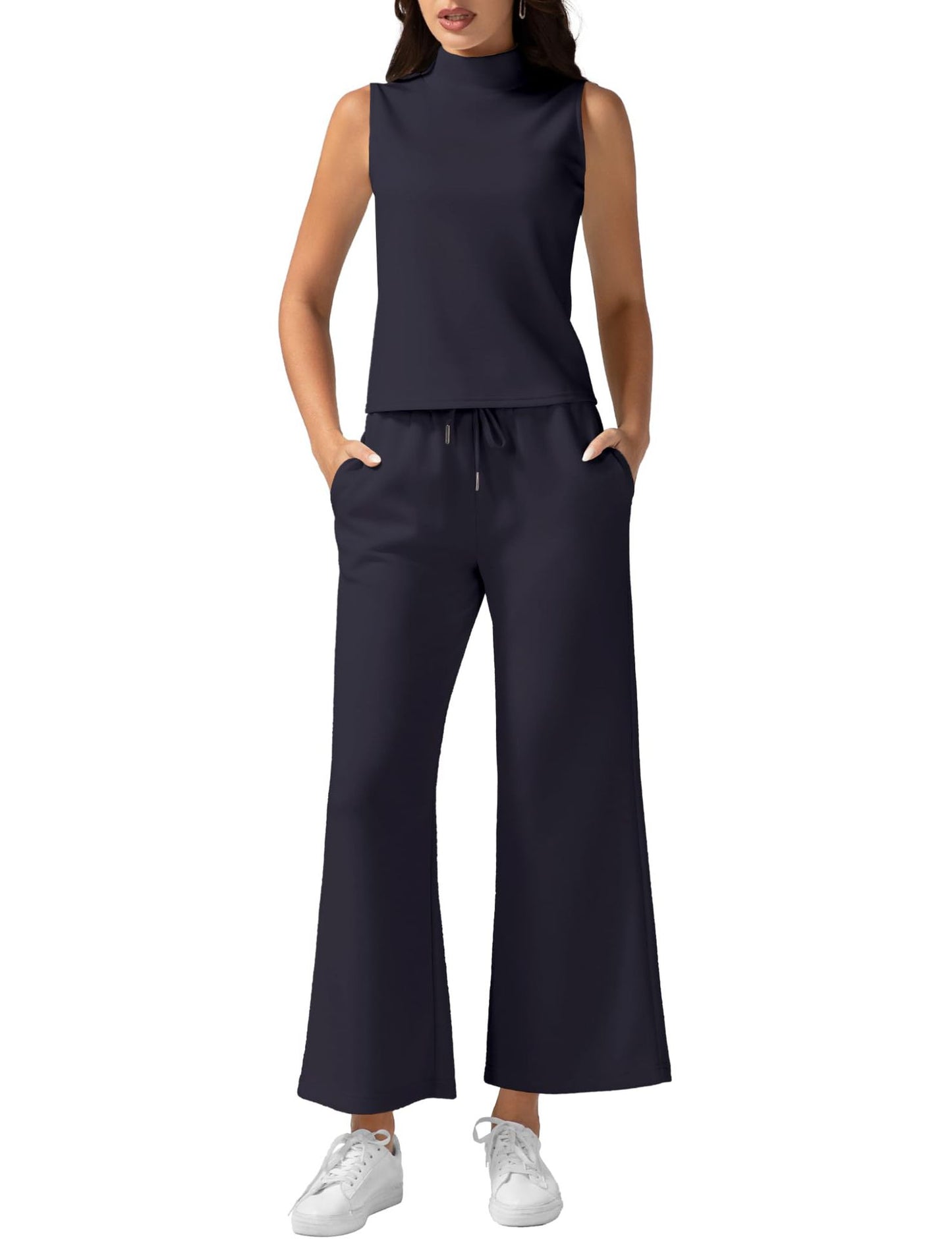 Women's Vest Pants Set - Wide Leg Cropped Pants & Sleeveless Vest Top