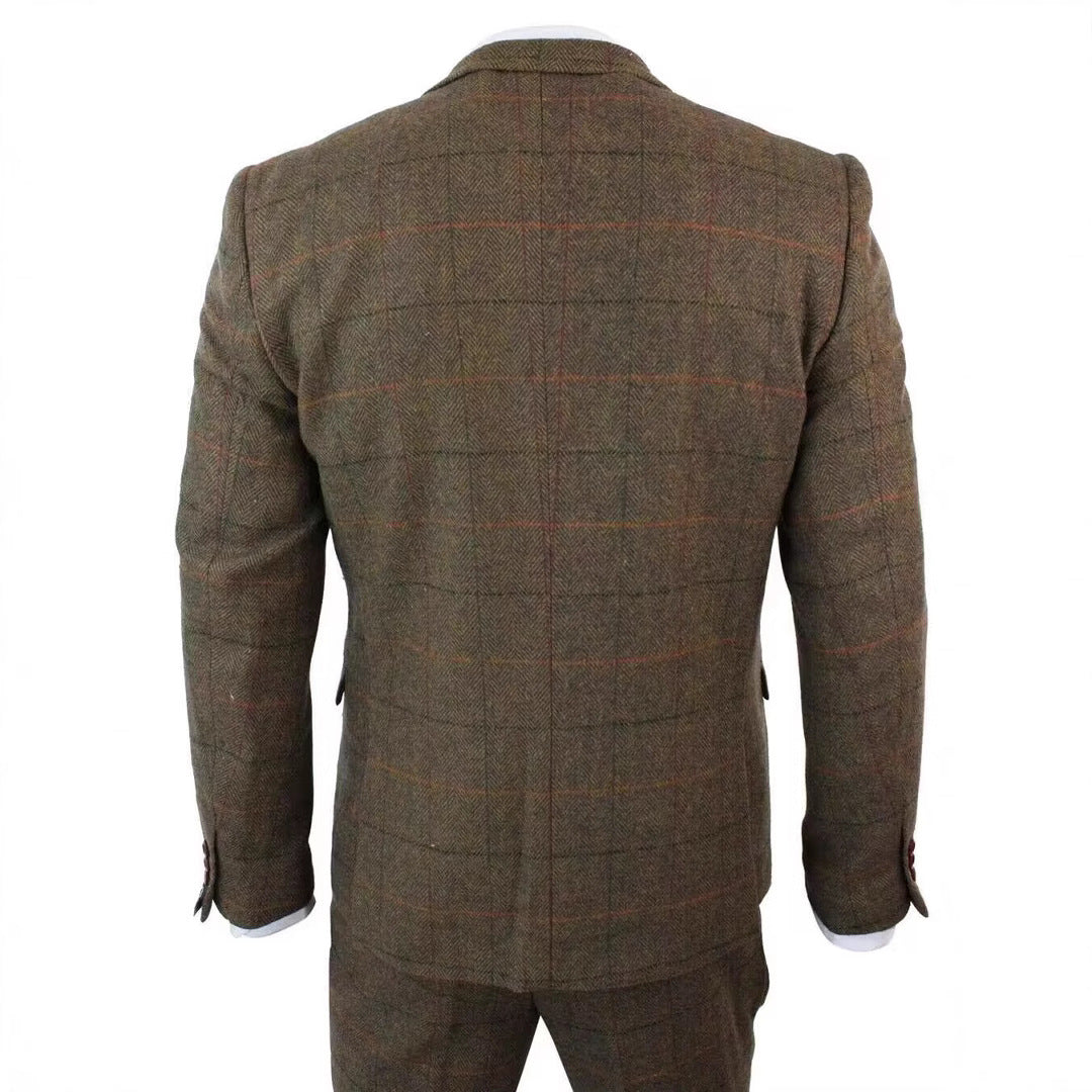 Back view of a brown tweed checkered men's suit jacket with subtle red and green lines