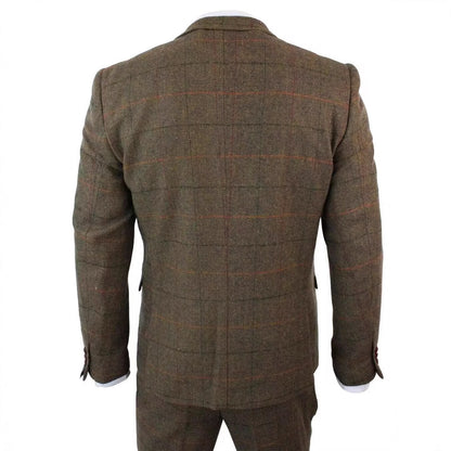 Back view of a brown tweed checkered men's suit jacket with subtle red and green lines
