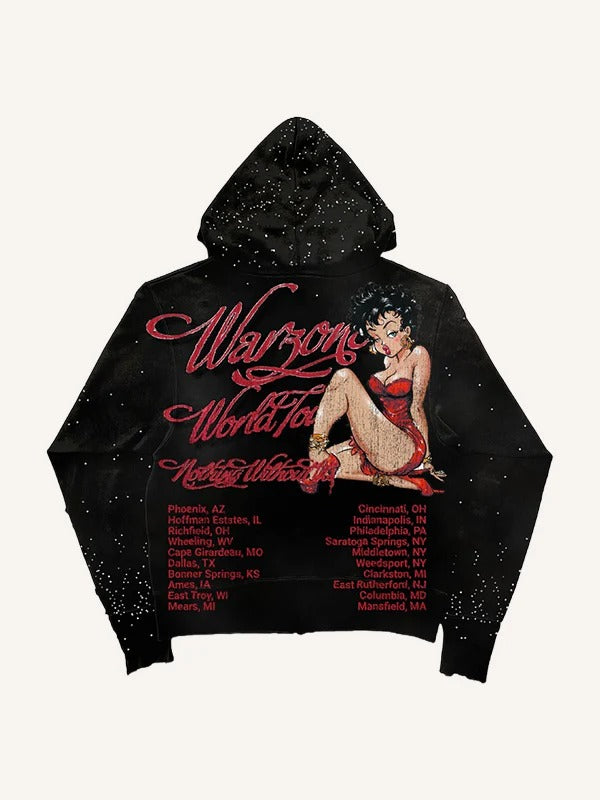 Black hoodie with white speckles featuring red stylized text and pin-up girl illustration, listing US city tour dates