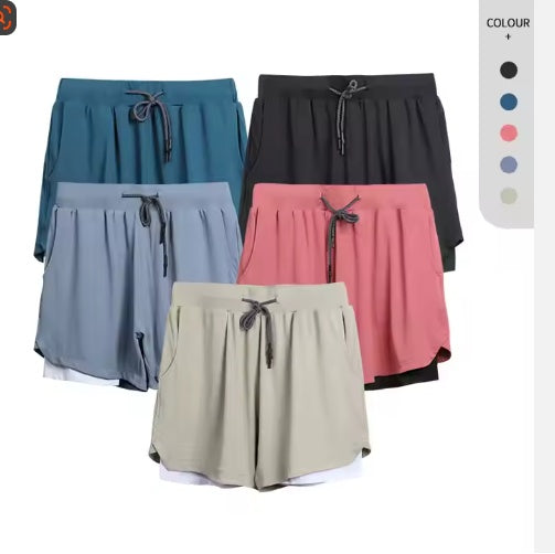 Set of five casual shorts in teal, black, blue, pink, and beige with drawstrings