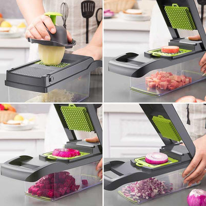 Multi-functional vegetable chopper slicing onion, beet, potato, and other vegetables with container