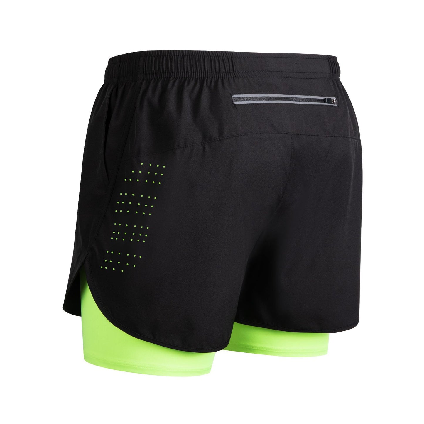 Black running shorts with neon green compression liner and reflective zip pocket