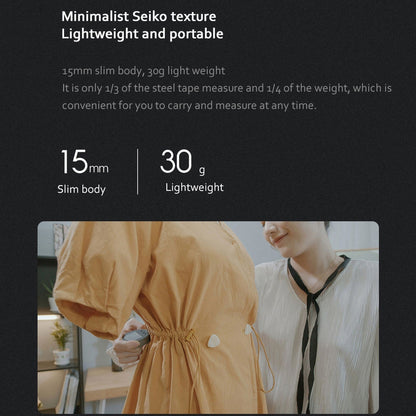 Person using a slim, lightweight measuring tape with minimalist Seiko texture on orange dress waist