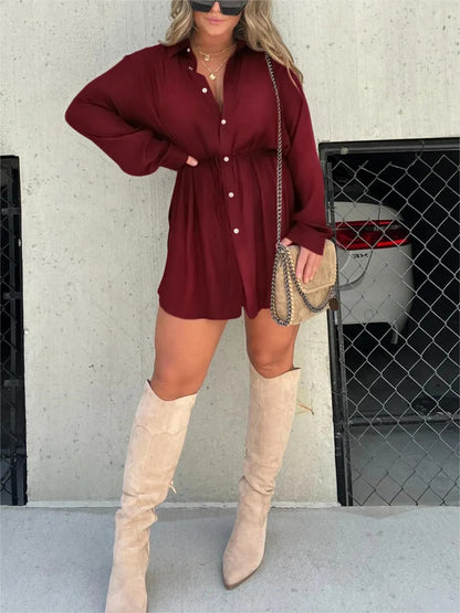 Women's Long Sleeve Jumpsuit - Lace-Up Button Shirt Dress, Stylish Spandex