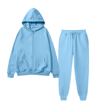 Light blue hoodie and matching jogger sweatpants set with front pockets and drawstring waist