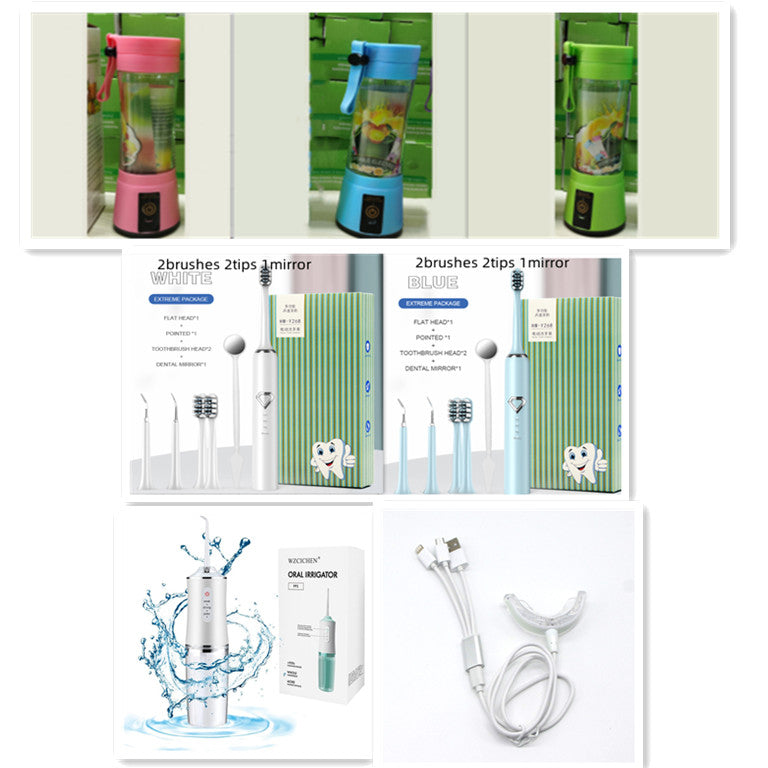 Colorful portable blenders, electric toothbrush sets in white and blue, water flosser, and a LED teeth whitening device