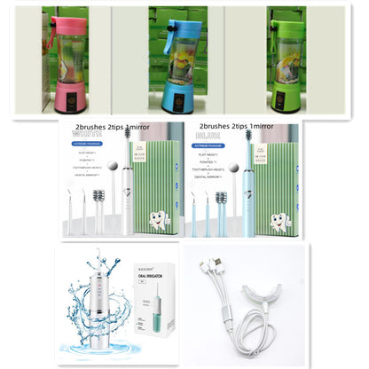 Colorful portable blenders, electric toothbrush sets in white and blue, water flosser, and a LED teeth whitening device