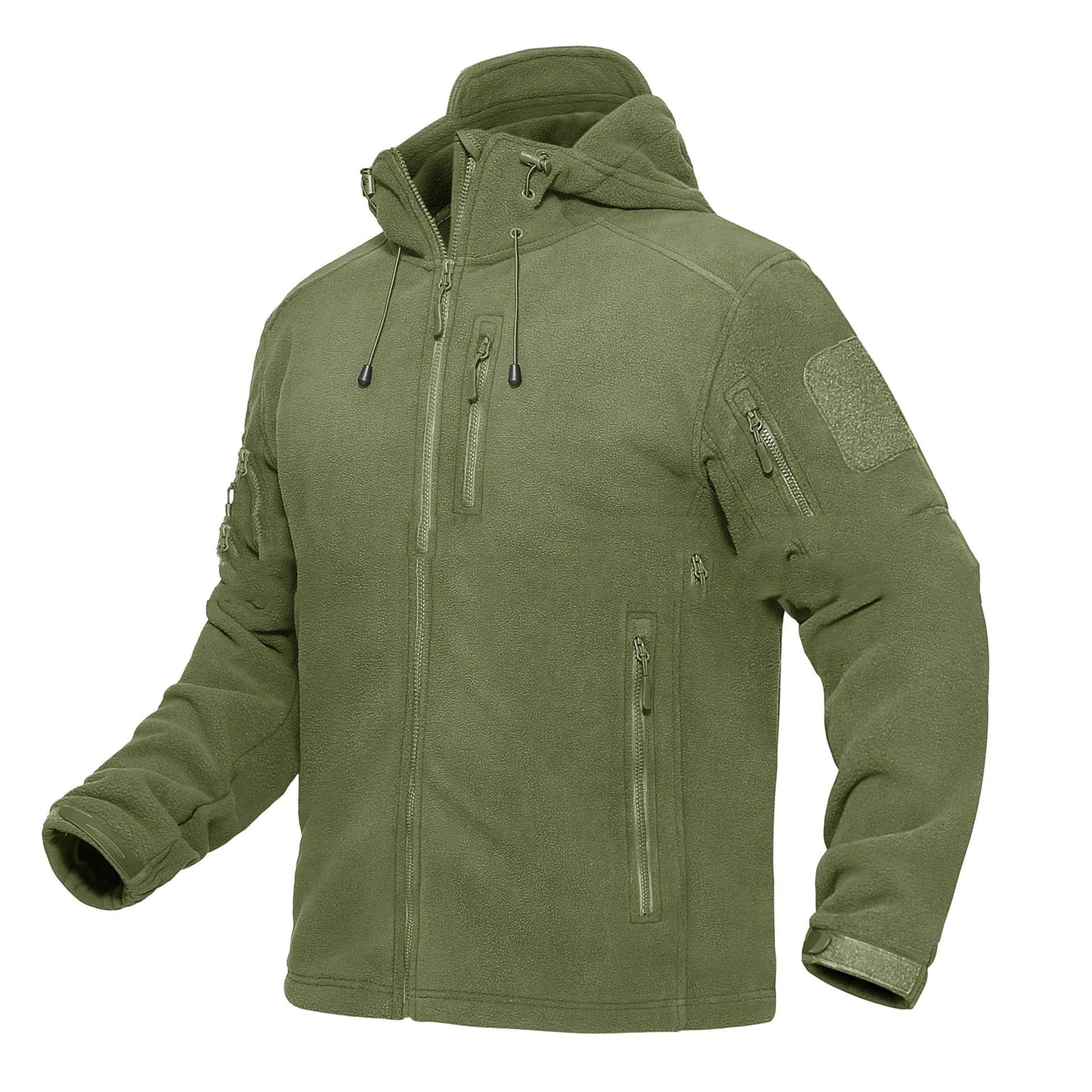 Olive green tactical fleece jacket with multiple zippered pockets and adjustable hood
