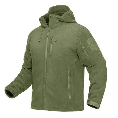 Olive green tactical fleece jacket with multiple zippered pockets and adjustable hood