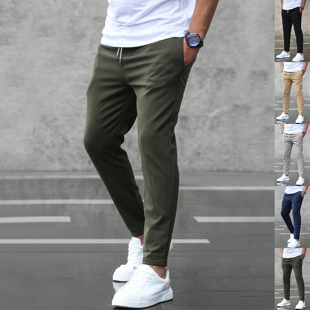 Men's Slim Fit Trousers - Casual Drawstring Waist Pants With Pockets