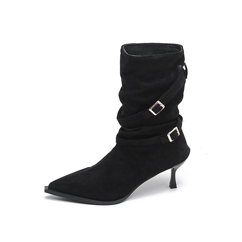 Pointed Toe Stiletto Boots | Women's Slim Ankle Boots | Black Suede Style