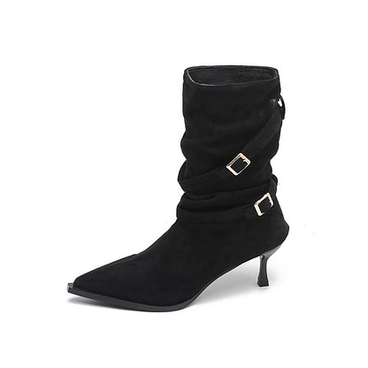 Pointed Toe Stiletto Boots | Women's Slim Ankle Boots | Black Suede Style