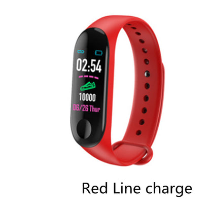Red fitness tracker with digital display showing time, steps, and date