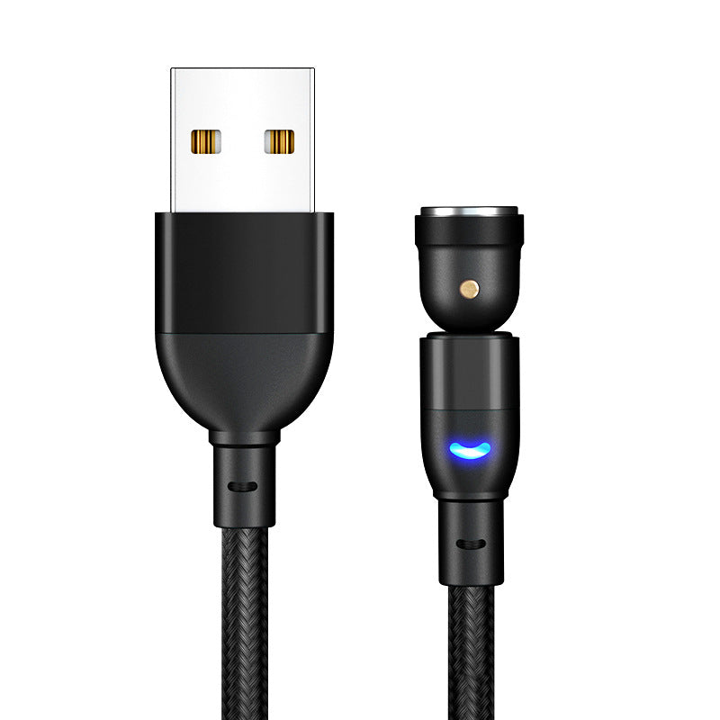 Black braided USB charging cable with magnetic connector and blue LED indicator light