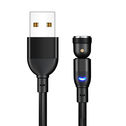 Black braided USB charging cable with magnetic connector and blue LED indicator light