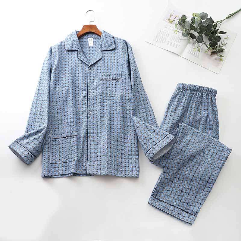 Long Sleeve Pajama Set - Men's Cotton Sleepwear With Lapel Collar & Blue Pattern