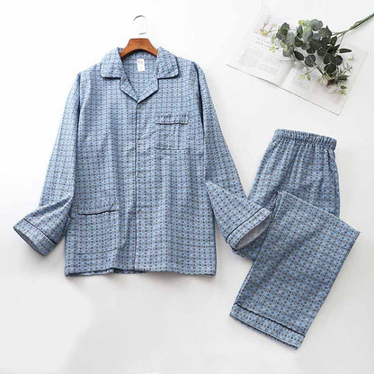 Long Sleeve Pajama Set - Men's Cotton Sleepwear With Lapel Collar & Blue Pattern