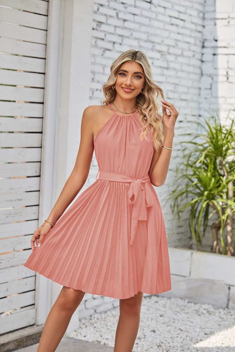 Halter Strapless Dress - Solid Color Sundress With Pleated Skirt For Summer Beach